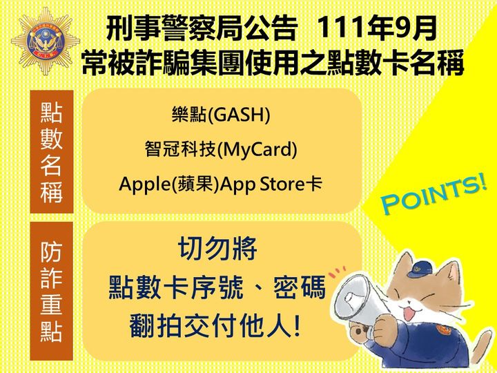 111年9月常被詐騙集團使用之點數卡名稱