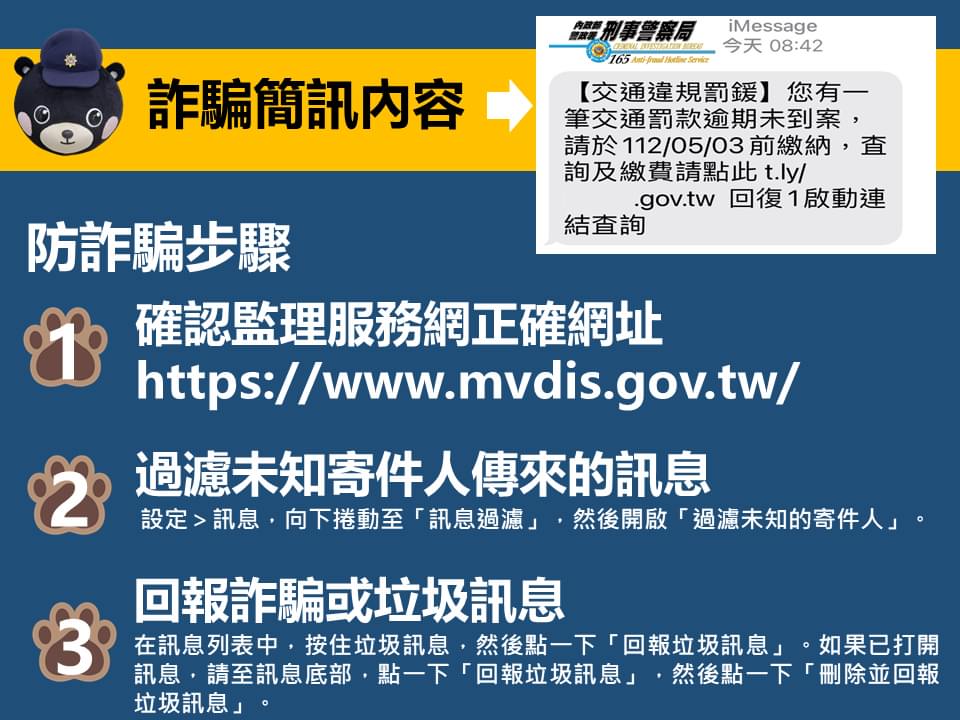 詐騙集團以簡訊傳遞「交通違規罰鍰逾期未到案」誘騙點擊釣魚連結